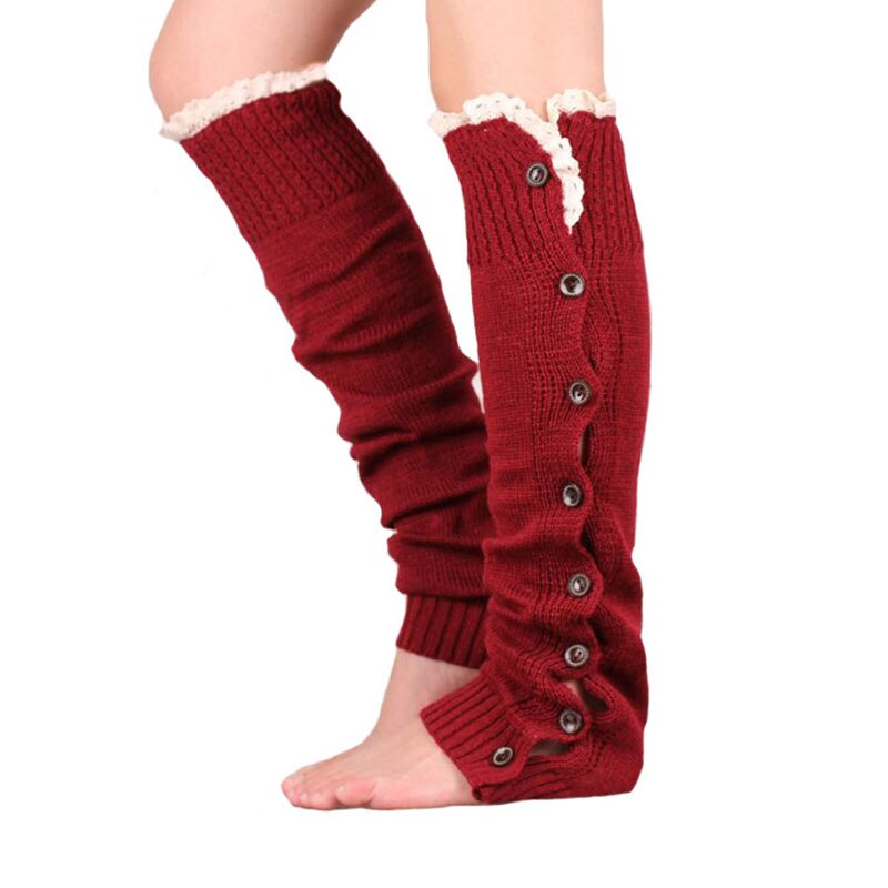 Mallas cálidas con botón de encaje para mujer, calentador de pies, cubiertas de botas, medias cálidas de punto para Otoño e Invierno: Rojo