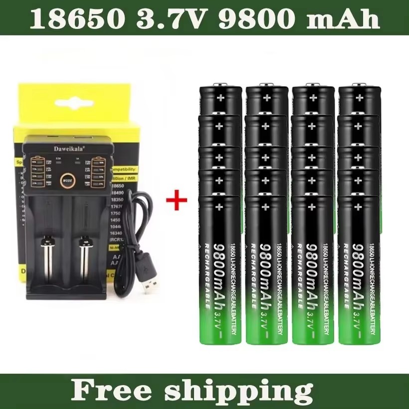 18650 Battery 3.7V 9800mAh Rechargeable Li-ion Battery with Charger - for Flashlight/Torch, Long-Lasting P: Clear