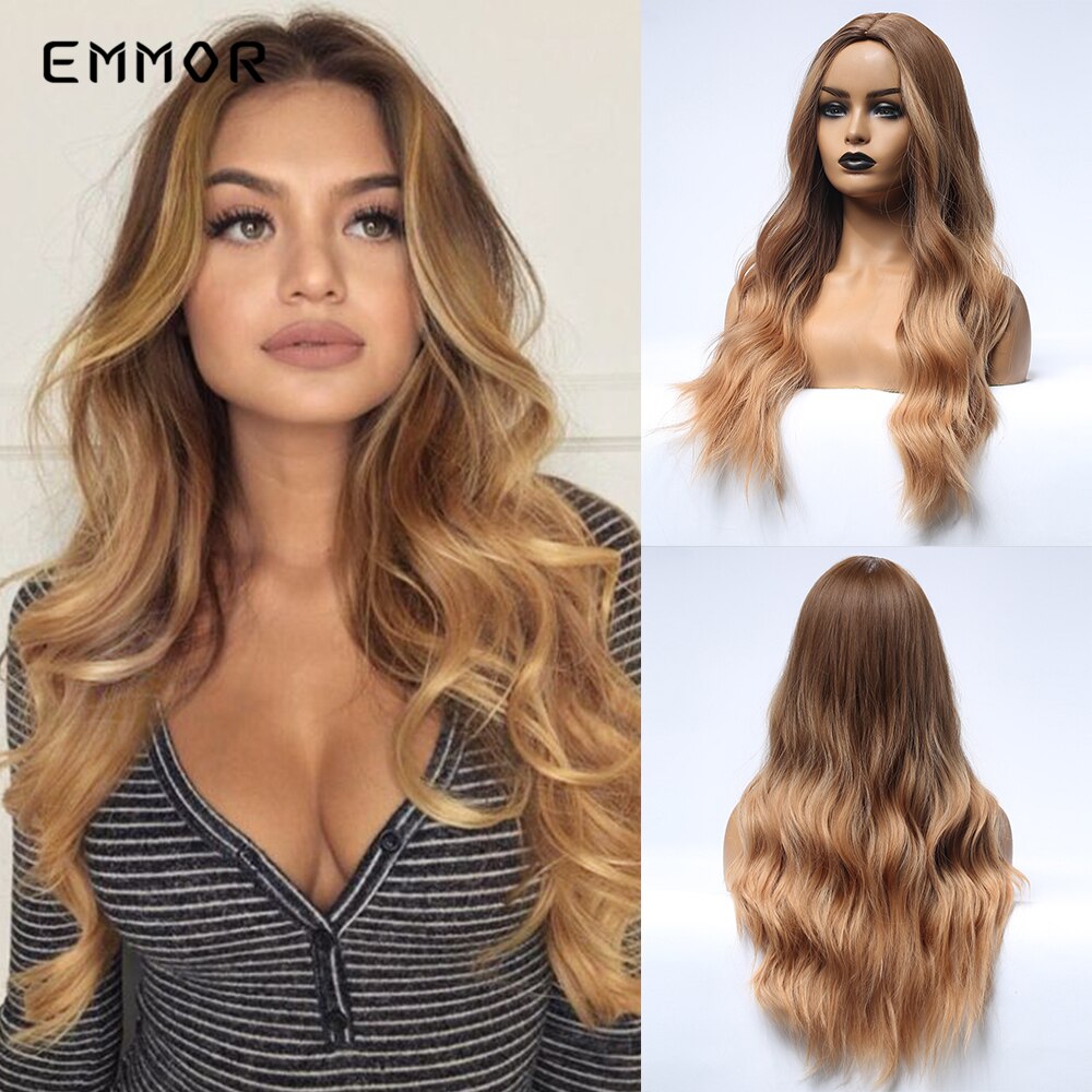 Emmor Long Brown Ombre Synthetic Wigs with Bangs Layered Wavy Heat Resistant Hair Cosplay Daily Use Wig for White Black Women: 179-7