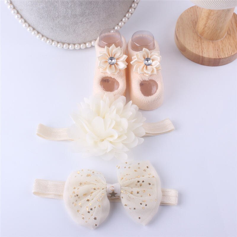 Prinzessinnen-socken- und haarband-einstellen für babys und kleinkinder, atmungsaktive spitze, pailletten, schleife, haarband mit blumenmuster, 3 -teilig
