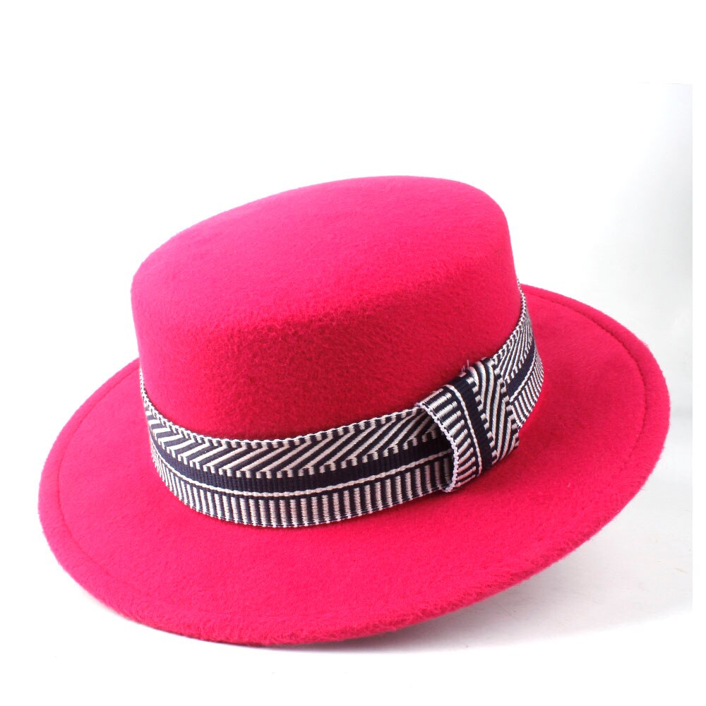 Men Women Flat Top Hat Winter Wide Brim Hat Friend Party Hat Wool Trilby Hat Size 56-58CM: Rose Red