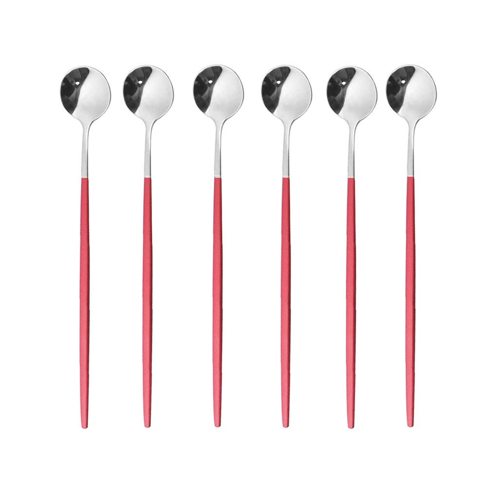 6Pcs Rainbow Long Hangdle Spoon For Polished Stirring Drink Dessert Ice Cream Spoon Cutlery Flatware Steainless Steel Tableware: Red Silver