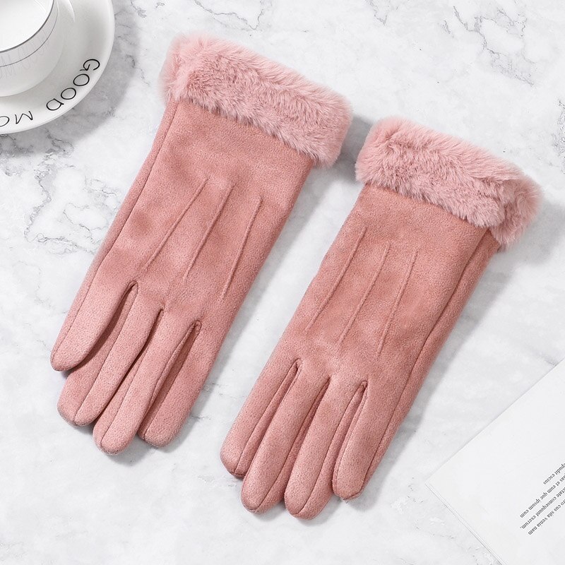 Femmes gants hiver écran tactile femme daim fourrure complet doigt gants dame hiver Sport de plein air conduite femmes gants: Rose