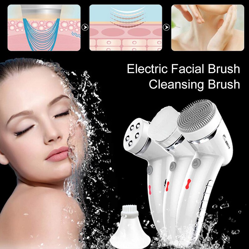 4 In 1 Wash Facial Cleansing Brush Sonic Vibration Face Cleaner Electric Waterproof Massage with 4 Heads Face Cleaning Apparatus