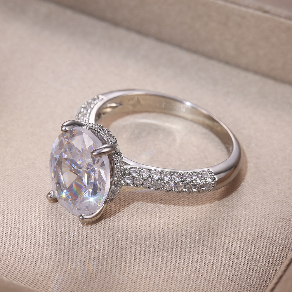 Huitan Silver Color Delicate Oval Cubic Zircon Stone Women Bridal Ring for Wedding Engage Party Best for Wife Classic Rings