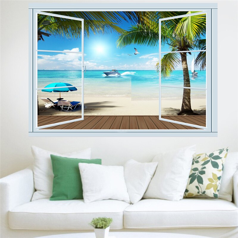 3d vivid window Beach Palm tree wall decals living room bedroom home decor art cartoon wall stickers posters