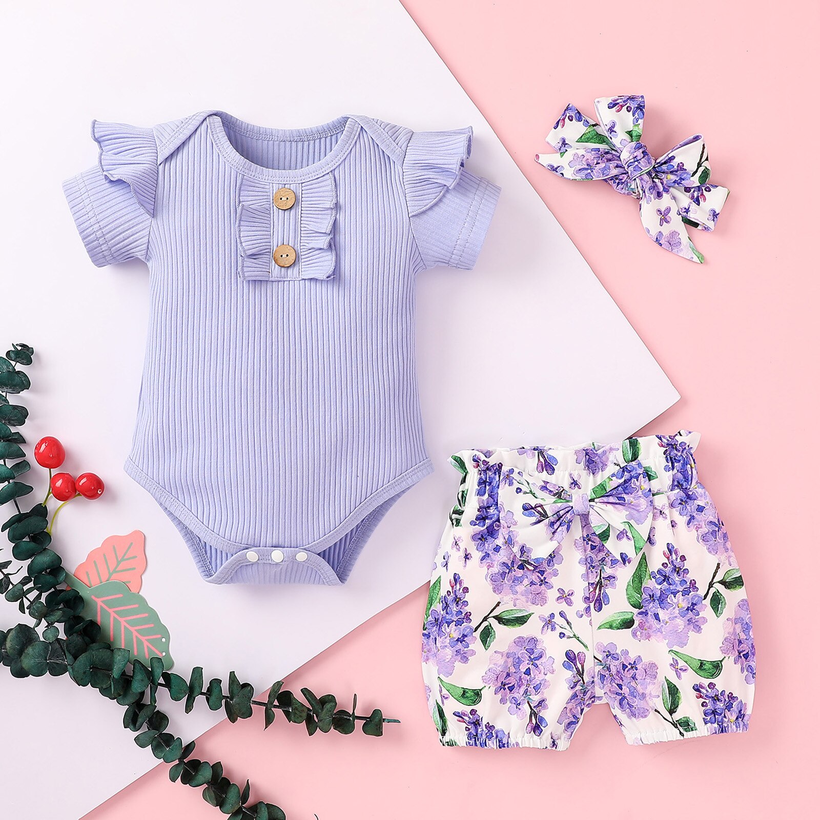Vêtements d'été à la pour bébés filles, barboteuse à manches courtes à volants + Short imprimé floral + ornement de cheveux à nœud, 3 pièces