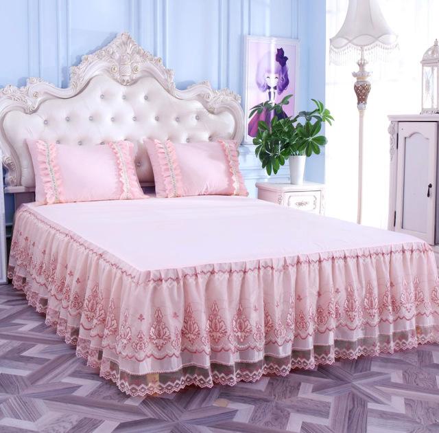 46 Romantic Bloom Pattern Solid Color Bed Skirt Non-slip Dust Ruffle Queen Size Bedspread Bed Skirt #/L: -LD-1805-3 / 150x200cm