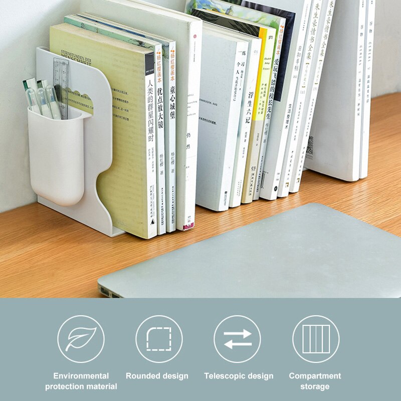Estantería ajustable para libros, soporte retráctil para libros, múltiples compartimentos con soporte para bolígrafos, organizador de escritorio para el hogar y la Oficina