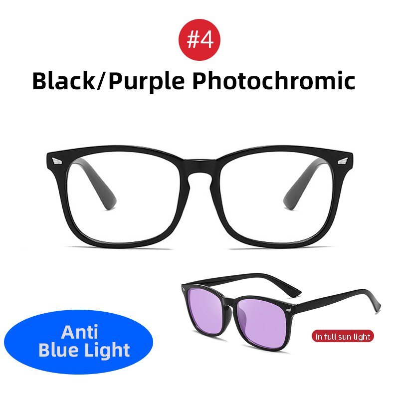 Classic Photochromic Blue Light Blocking Glasses Men Square Color Changing Anti Blue Ray Computer Chameleon Eyeglasses: 4Purple Photochromic