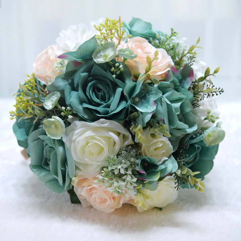 Ramo de flores de marfil para boda, dama de honor, flor Artificial, Rosa verde, hoja de planta para iglesia, , decoración del hogar PH19