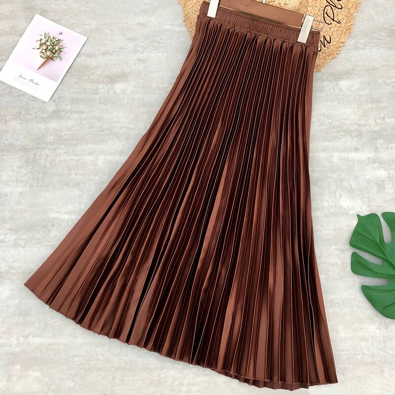 Forår kvinder midi nederdele metallic farve skinnende plisseret nederdel ensfarvet sølv guld lang nederdel satin femme jupe kontor dame: Kaffe