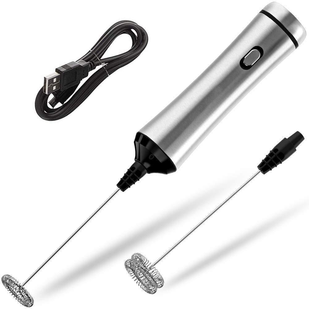 Usb Chargeable Double Spring Whisk Head Electric Milk Frother Stainless Steel Handheld Milk Foamer Drink Mixer Two Speeds