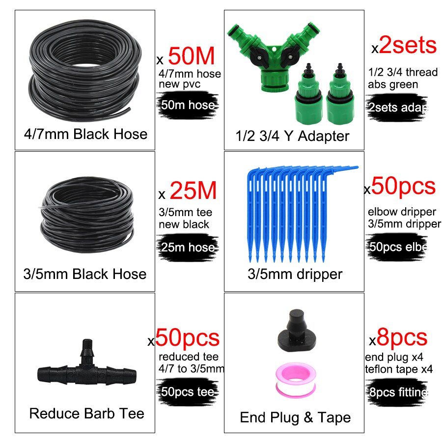 MUCIAKIE 50M 4/7 to 3/5MM Micro Drip Irrigation System Garden Bonsai Plant Dripper Watering Kits with 1/4 1/8'' PVC Hose Elbow