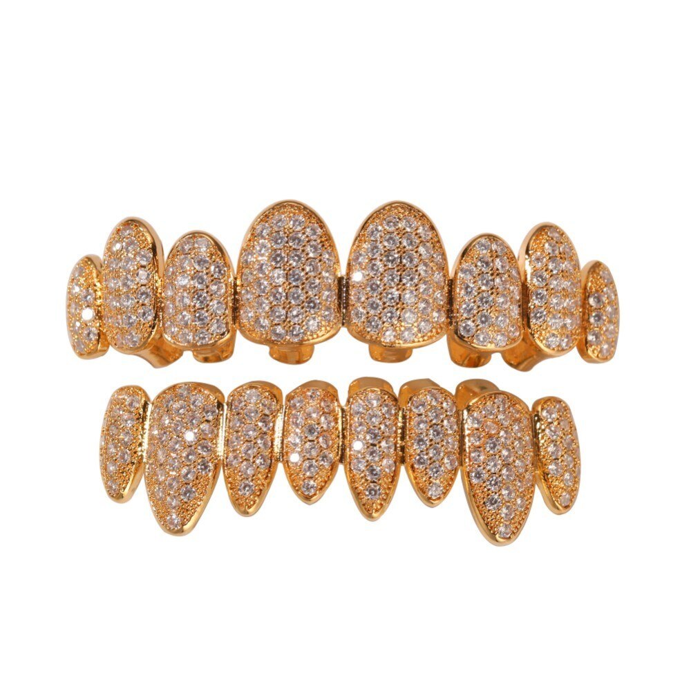 Uwin Zirconia Grills Set Zilver Kleur Tanden Grills Hiphop Halloween Iced Out Top &amp; Bottom Dental Grills Body Sieraden: gold set