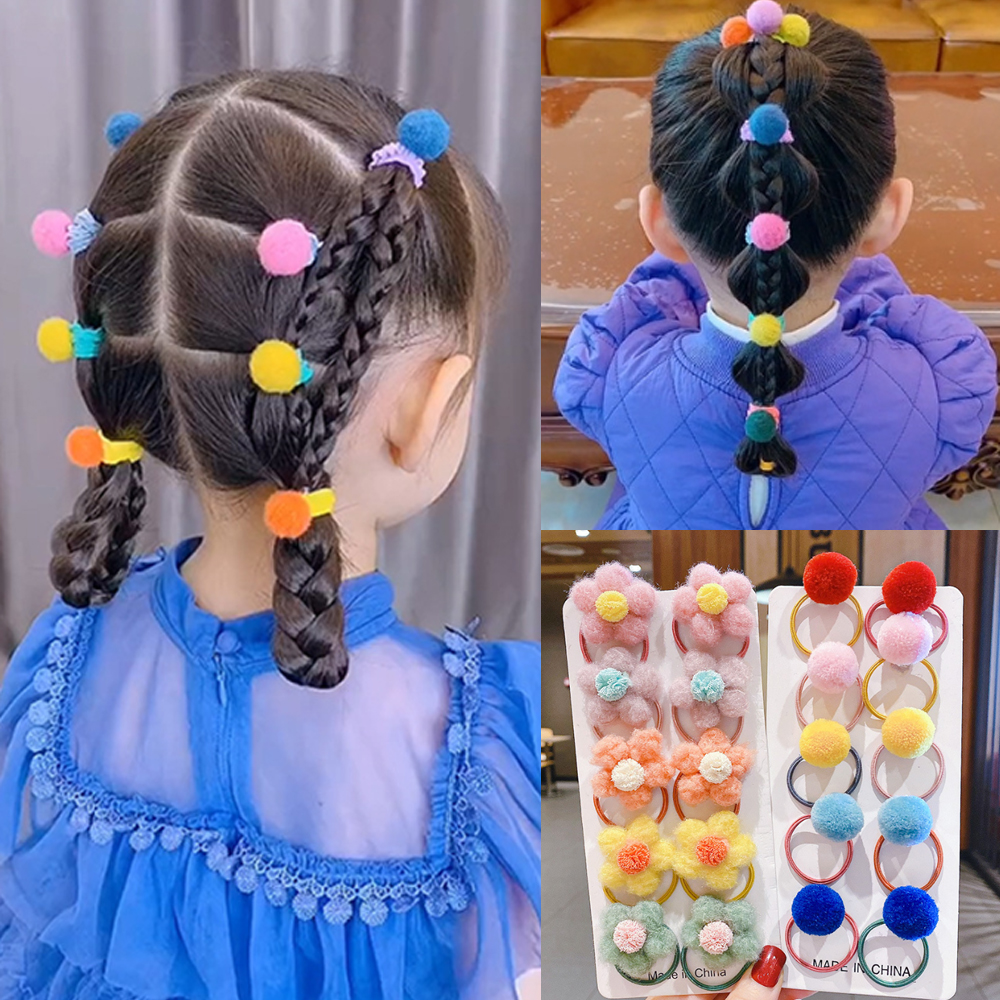 10 Stks/set Leuke Pompoms Meisjes Nylon Elastische Haarbanden Chouchou Cartoon Baby Paardenstaart Heabands Hairties Haar Accessoires
