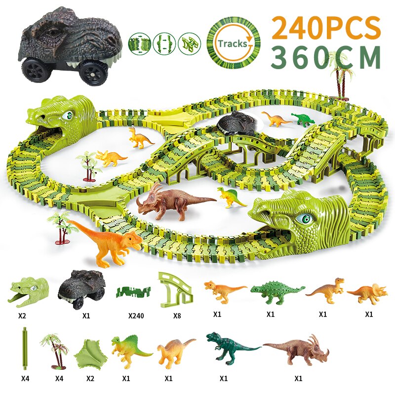 Dinosaurus Spoorweg Speelgoed Auto Spoor Racing Spoor Speelgoed Set Educatief Bocht Flexibele Race Track Flash Light Auto Speelgoed Voor Kinderen jongens: 240 PCS With Car