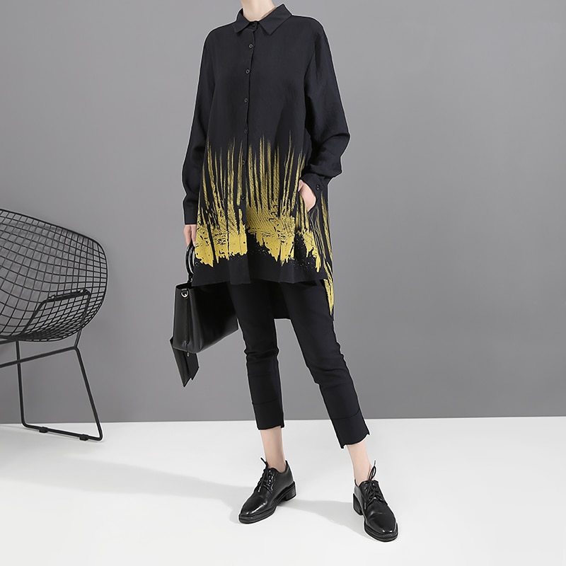 Camisa Coreana de manga larga para mujer, camisa negra, blusa, camisa con estampado Tie-dyed, estiloso, para señora informal femenino, chemise femme