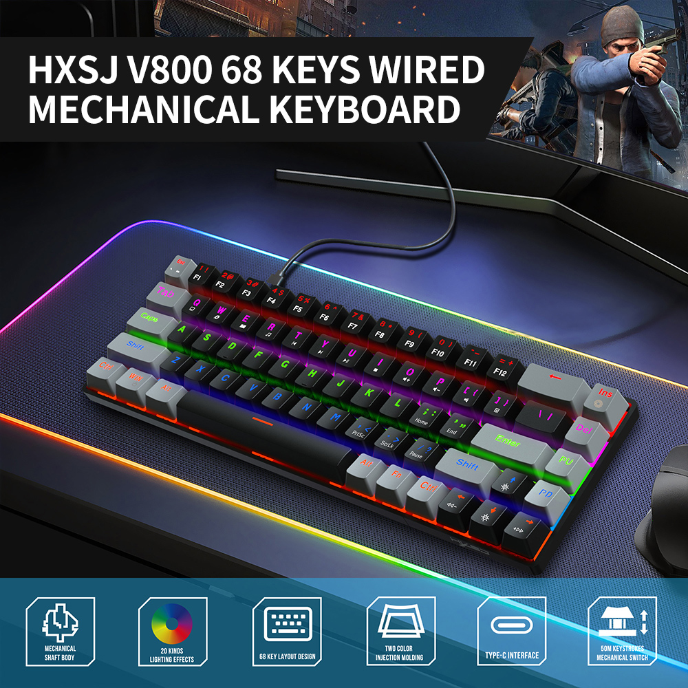HXSJ V800 Wired Mechanical Keyboard 68 Keys RGB Gaming Keyboard with Detachable Type-C Blue Switch/Red Switch Keyboards for PC