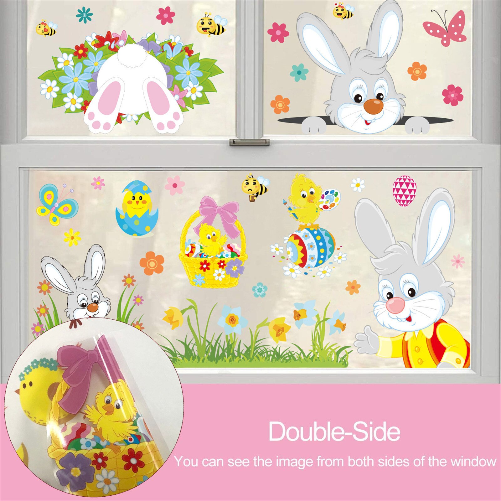 9pcs Happy Easter Cartoon Rabbit Window Stickers Children Bunny Chick Wall Sticker Cute Decorative Decal For Office Mall Home