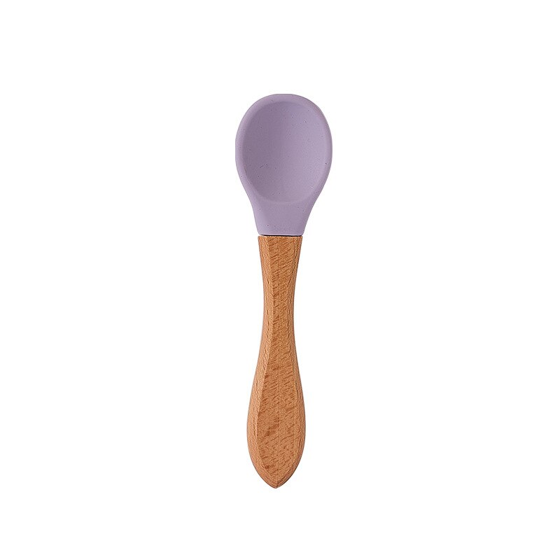 Feeding Wooden Handle Silicone Spoon For Baby Utensils Eat Soild Food Kids Training Manipulative Ability Children's Tableware: E219461