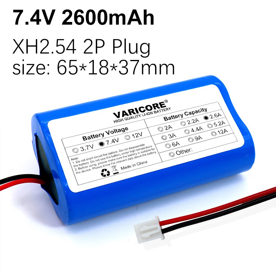 Varicore protect 7.4 v 3ah 6ah 12ah 8.4v 18650 li- lon batteri cykellys hovedlampe speciel batteripakke med pcb  xh2.54 2p stik: 7.4v 2600 mah