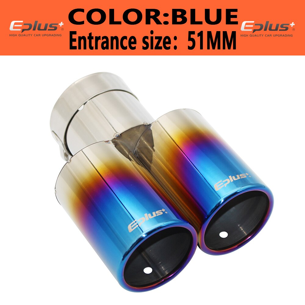Eplus-silencieux d'échappement universel droit en acier inoxydable, silencieux d'échappement, multi-tailles, double sortie: BLUE 51MM