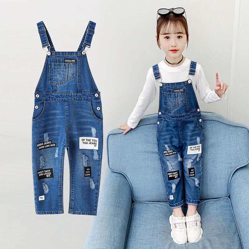 Børne ripped jeans overalls til pige denim bukser børn jeans jumpsuit teenager efterårstøj alder 4 5 7 9 11 13 år