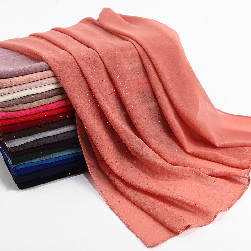 Ensfarvet forår sommer glitter chiffon tørklæde til kvinder shimmer sjal muslimsk hoved hår hijab tørklæder bufanda mujer