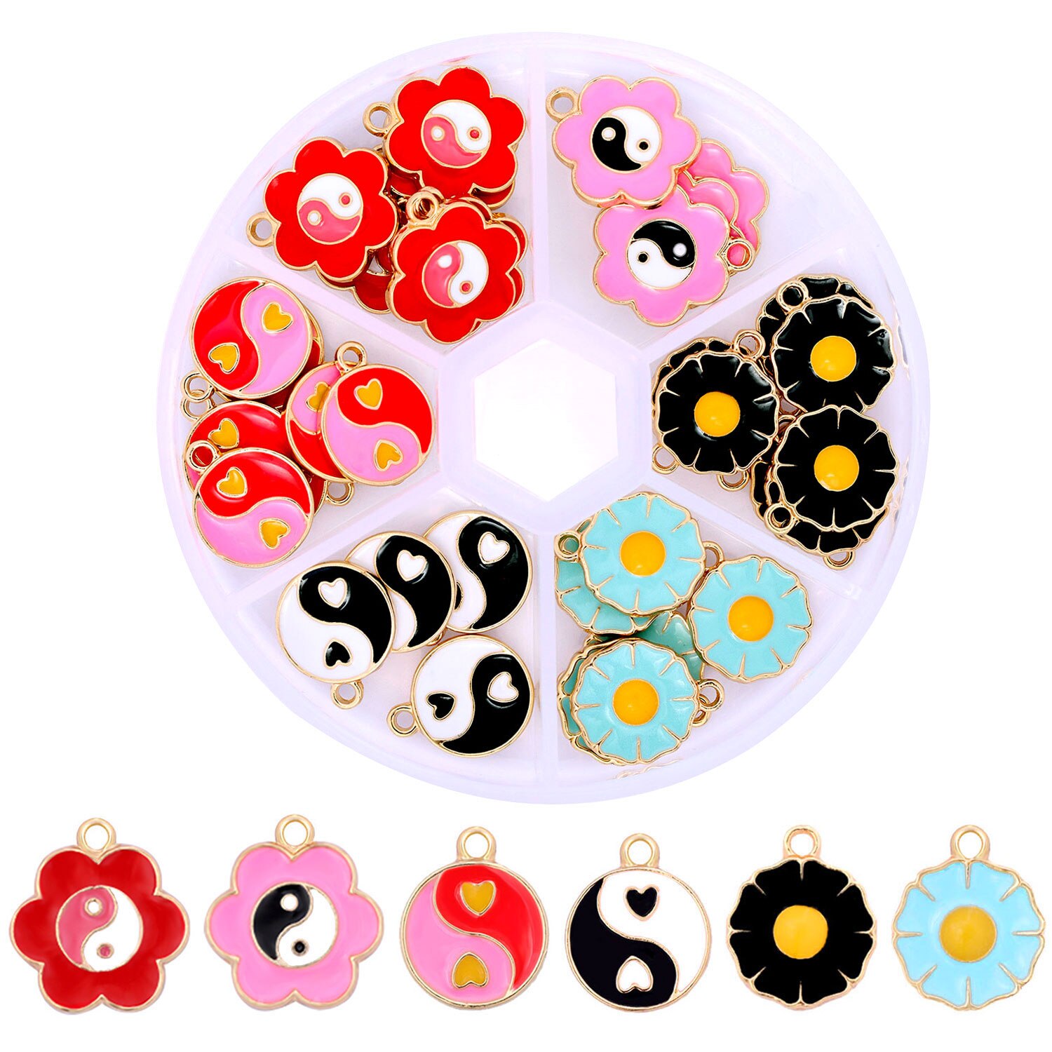 Kits de dijes de flores de Yin Yang, accesorios de joyería DIY, pulseras y collares, 60 piezas: 010102GD