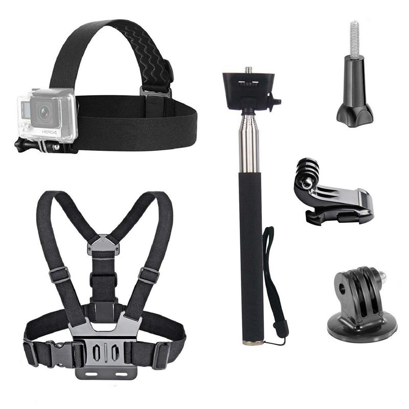 3 in- in-1 universele waterdichte action camera-accessoireset - hoofdbandbevestiging/borstharnas/selfiestick compatibel voor onderweg