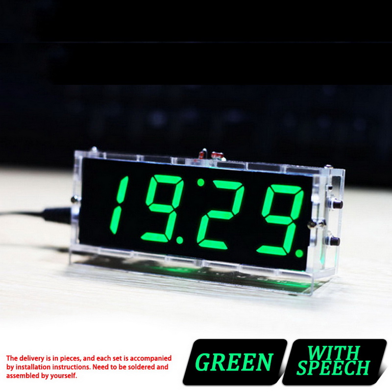 Diy Digital Led Clock 4digit Light Control Temperature Date Time Display Transparent Case Indoor Outdoor With Speech Alarm Clock: With Speech Green