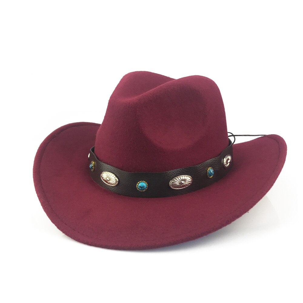 Yy retro vestlig cowboyhatt vinter med bredt metall pu lærbelte trilby caps menn kvinner rullebrett fedora jazz panama  yy20073: Vin cowboy retro