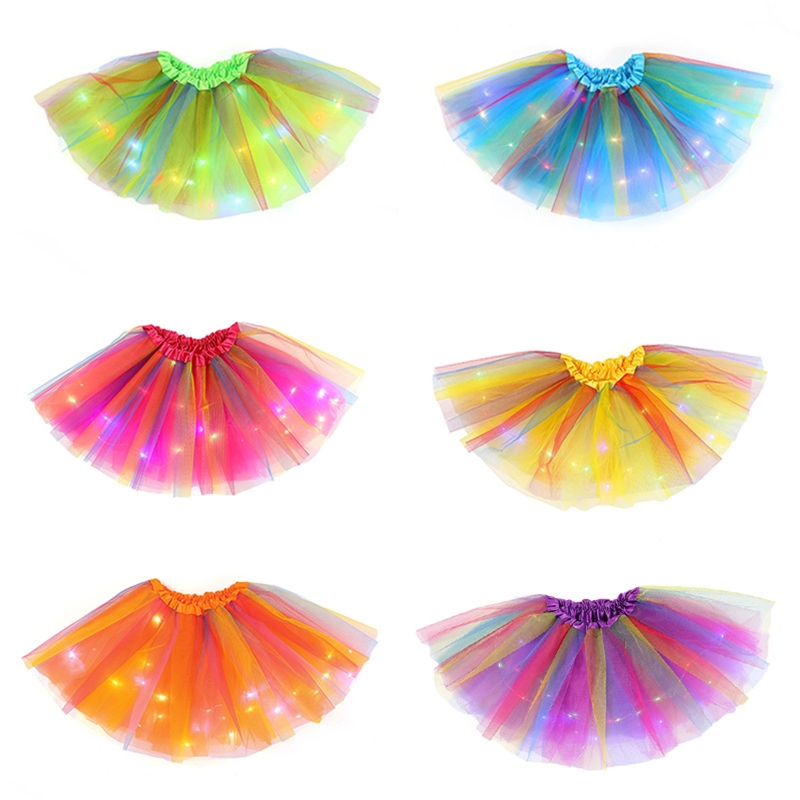 Meisje Gelaagde Regenboog Tutu Rokken Prinses Led Licht Dansen Ballet Tule Rok D5QA