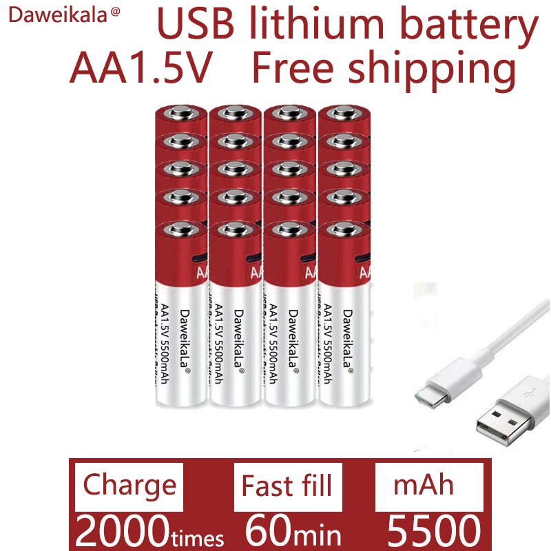 Daweikala-Batería de iones de litio recargable por USB para juguetes, reloj con termómetro, reproductor MP3, teclado, AA, 1,5 mah, 5500 V: 20psc