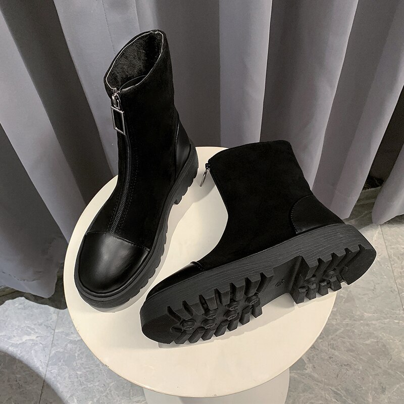 Botas negras de tacón cuadrado para mujer, zapatos cálidos de felpa con cremallera, para invierno,