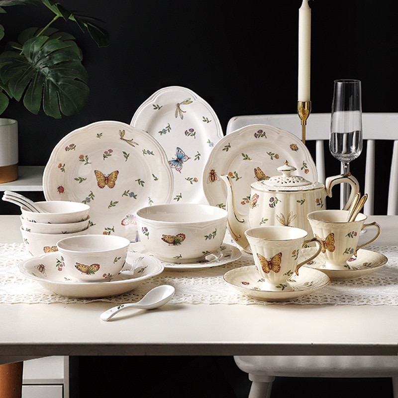 Plantenservies insectenpot theepot gouden rand koffiekopje afternoon tea verguld dessertbord holle deksel