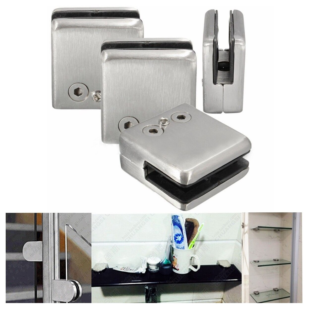 4 Stuks Roestvrij Stalen Vierkante Klem Houder Beugel Clip Voor Glas Plank Leuningen Zilver