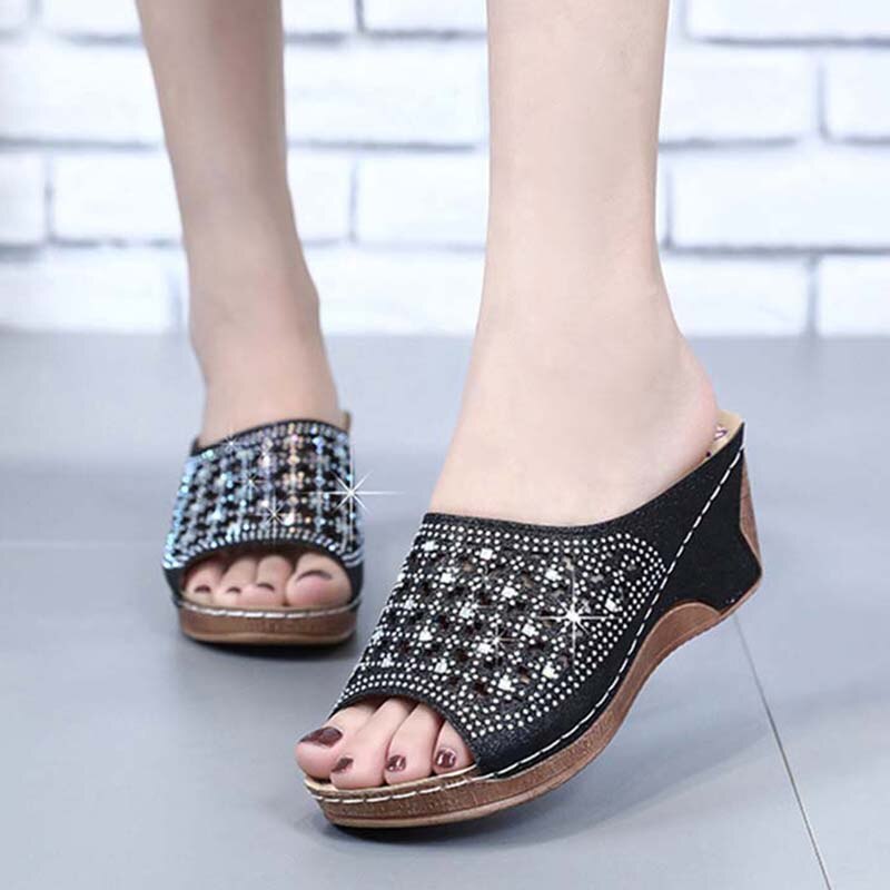 Zomer Vrouwen Wedge Sandalen Premium Bling Bling Open Teen Sandalen Vintage Anti-Slip Lederen Casual Vrouwelijke Platform Schoenen