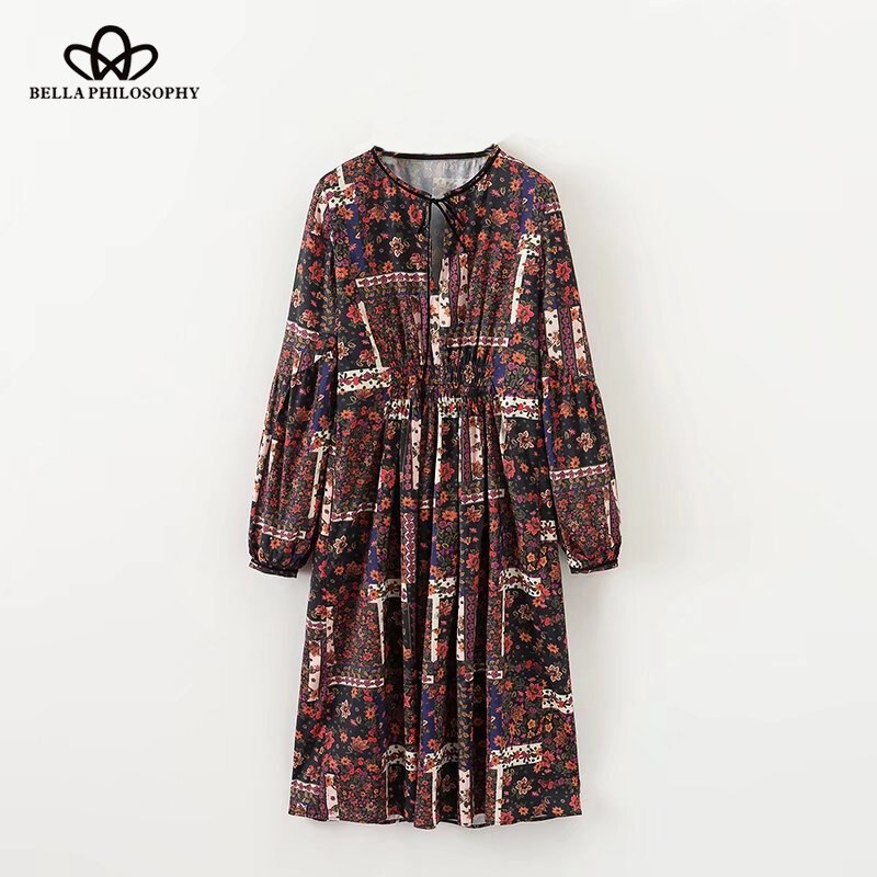 Bella philosophie bohème hiver mini robe imprimer empire robe lâche robe de à manches longues col rond femmes robe de