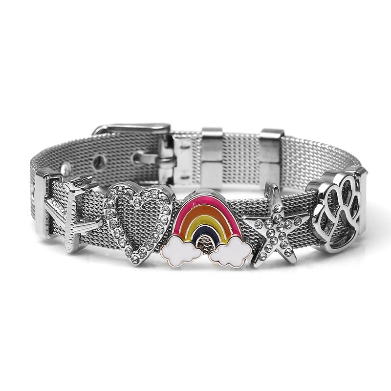 de joyería de acero inoxidable Keeper Mesh Bracelet Set con corazón Arco Iris unicornio finos dijes pulseras como para mujer