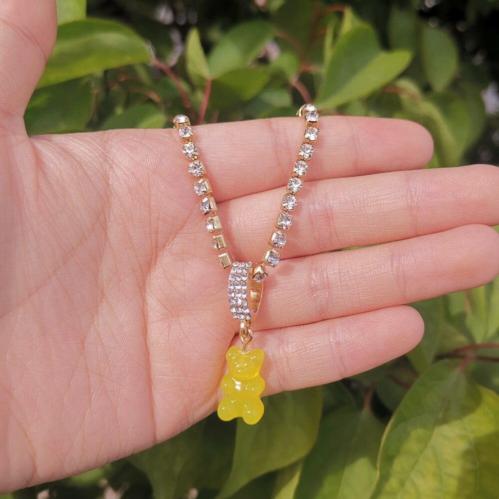 Verloren Dame Leuke Candy Kleur Beer Hanger Kettingen Strass Ketting Voor Meisjes Vrouwen Sieraden: Yellow