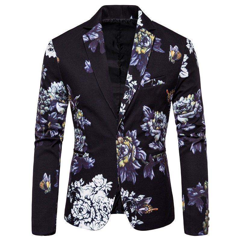 Chaqueta de traje con estampado Floral para Hombre, americana de una sola botonadura para Hombre , lujoso de flores, corte ajustado: Black / XXXL