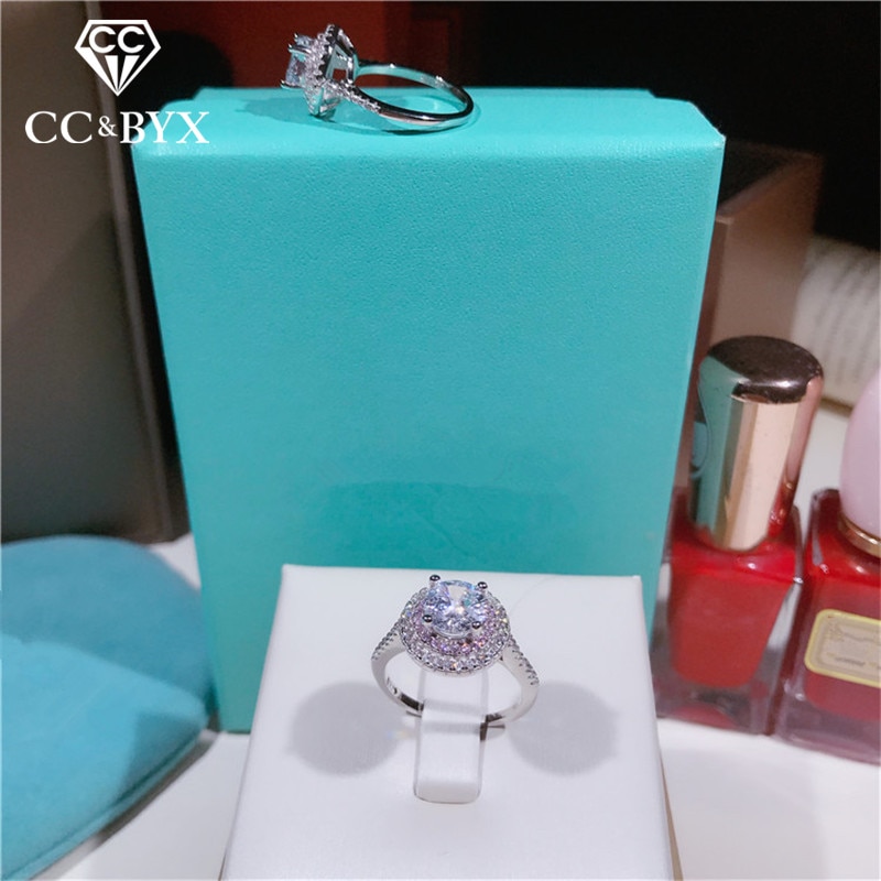 CC Rings For Women Silver 925 Pink Round Cubic Zirconia Ring Bridal Wedding Engagement Jewelry Bijoux Femme CC593