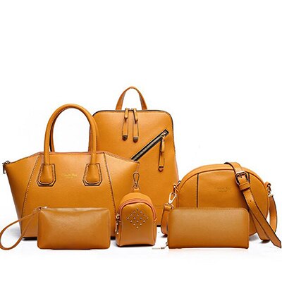 6 sæt læderhåndtasker kvinder kontortaske sammensat taske kvinder skuldertaske håndtaske + dagskoblinger + tegnebog: Gul