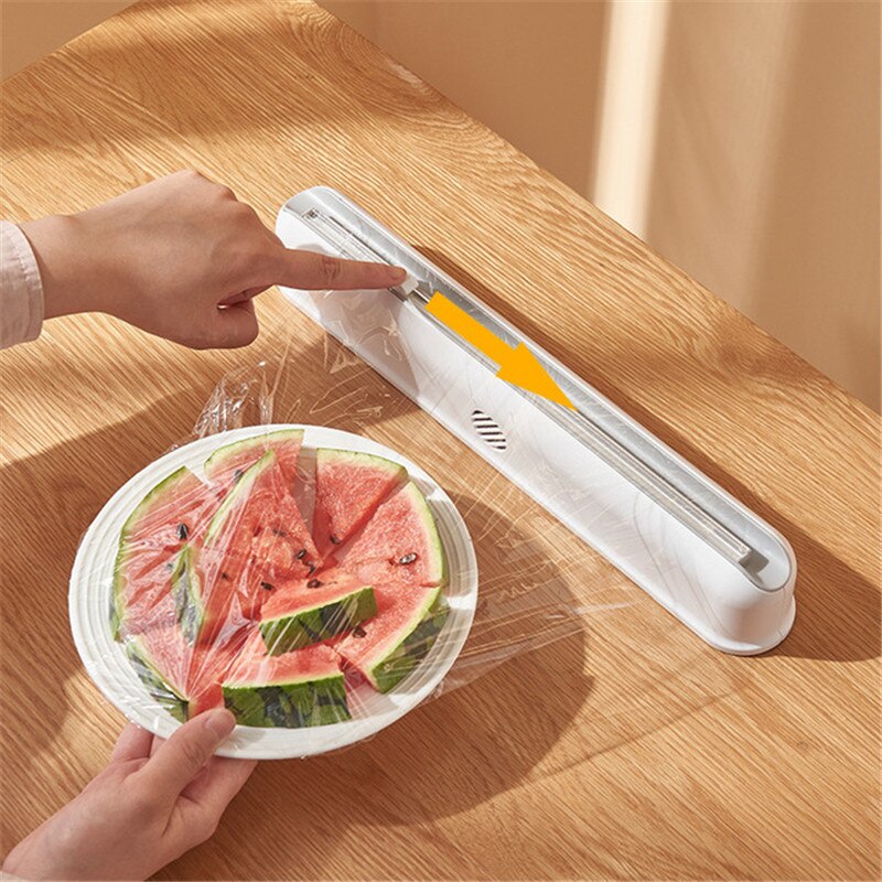 Plastic Wall Hanging Food Wrap Dispenser Suction Cup Adjustable Foil Storage Holder Cutter Cling Film Cutting Box Kitchen Tools