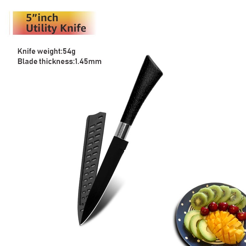 Chef Knives Set Stainless Steel Paring Utility Santoku Chef Slicing Bread Knives Black Blade Kitchen Accessories Set Tools: 5inch Utility Knife