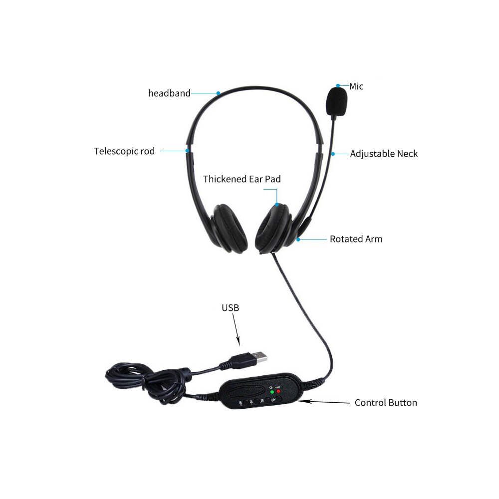 USB Plug Corded Headset Hands-Free Binaural Headphone with Noise Cancelling Microphone Mute Volume Control Button for Office