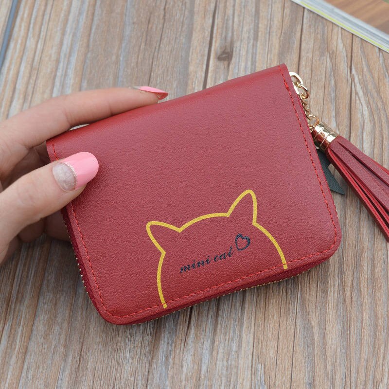 Cat Pattern Tassel Ladies Purses Coin Bag Card Holder, Small Wallets Star Pendant Slim Wallet Women Girls Female: Winered