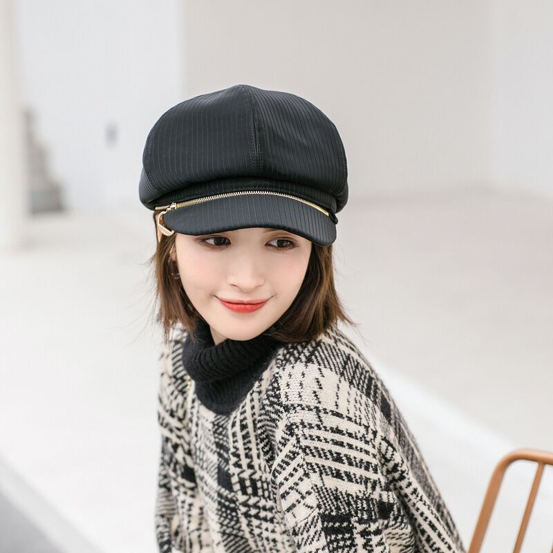 Boina, gorro de otoño-invierno , sombrero de mujer Vintage a rayas octogonal, gorra de caballero, gorra de pintor con cremallera para mujer, sombrero de pintor artístico de doble uso